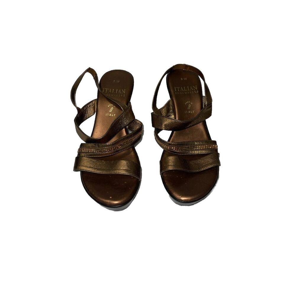 Italian Shoemakers Strappy Bronze Wedge Sandals With Rhinestones Size 9